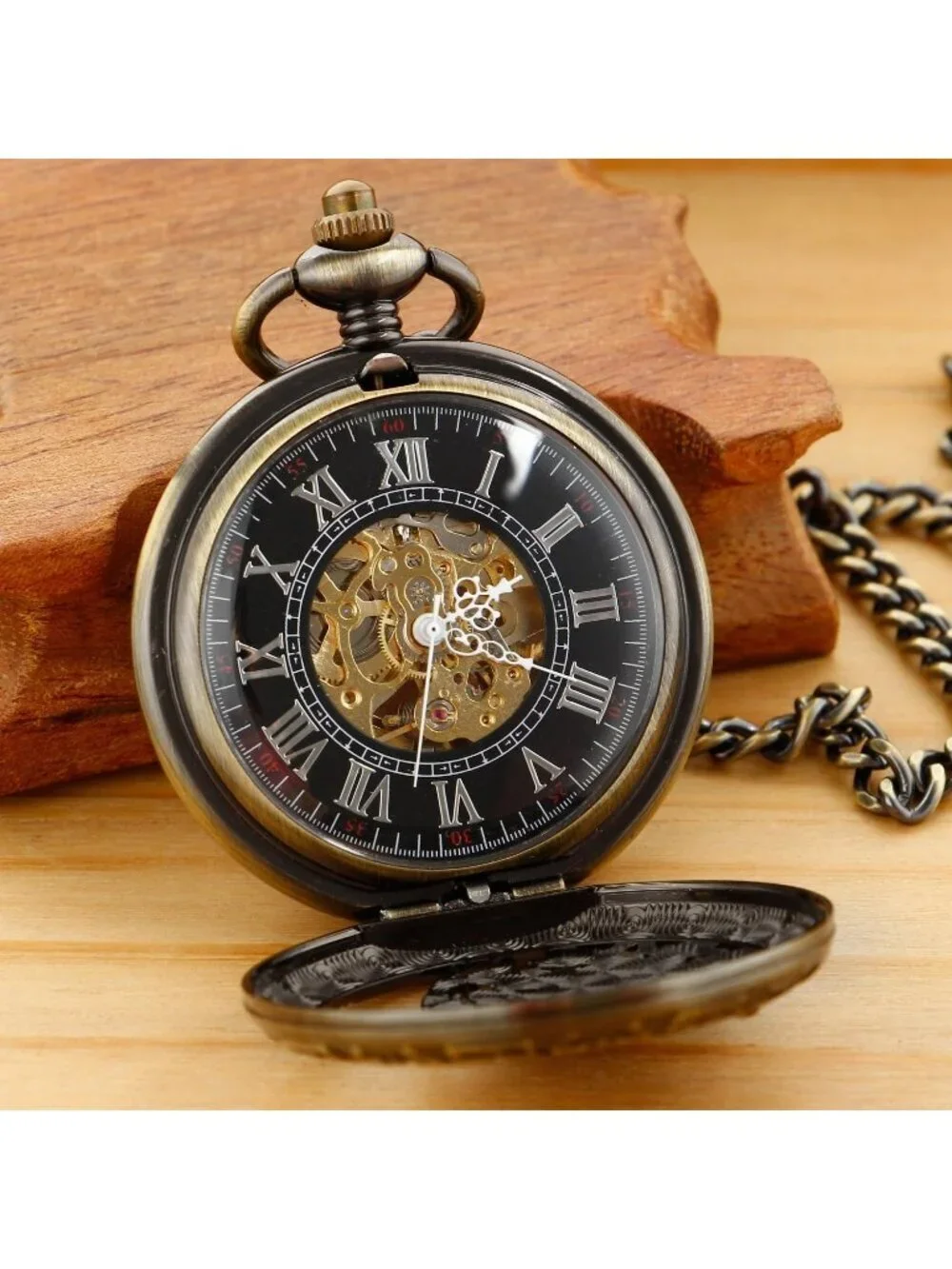 Men's Gold Bronze Bird Skeleton Roman Numerals Hollow Mechanical Pocket Watch